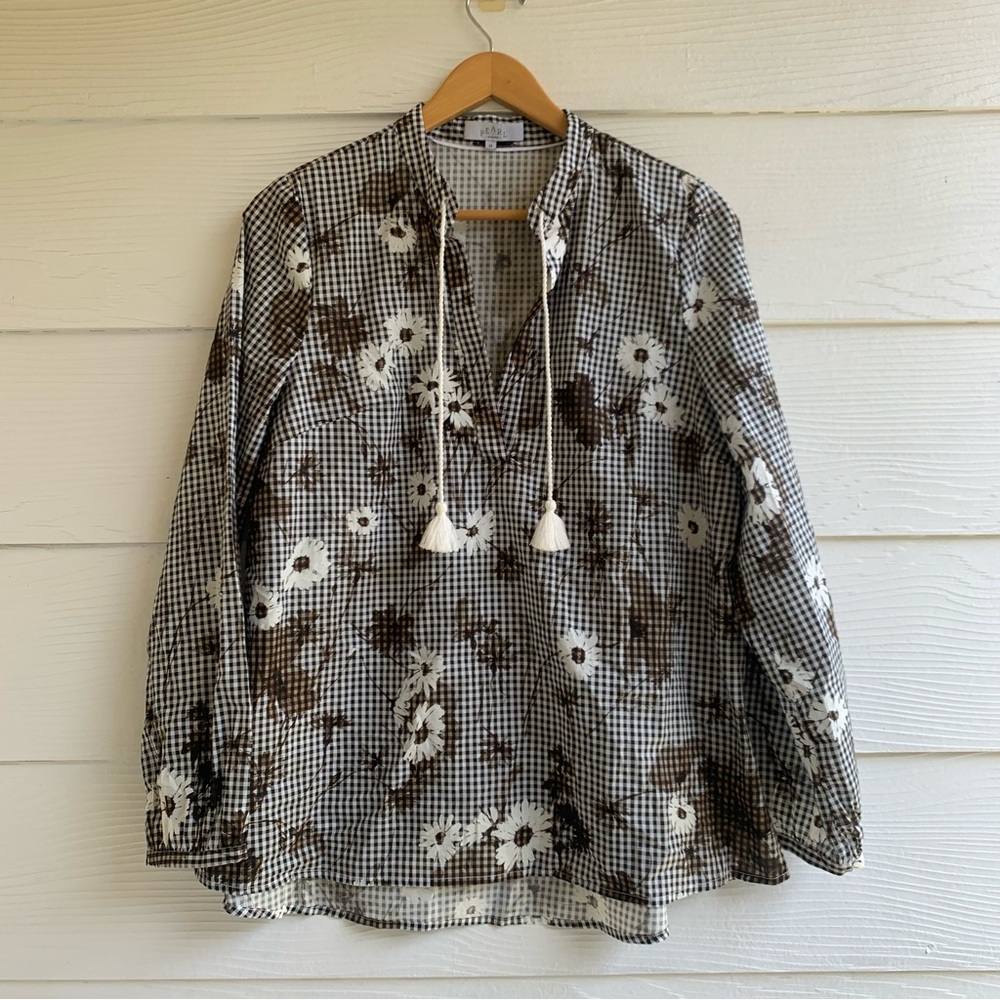 Pearl by Lela Rose Gingham floral voile tunic top tasseled long sleeve V-neck